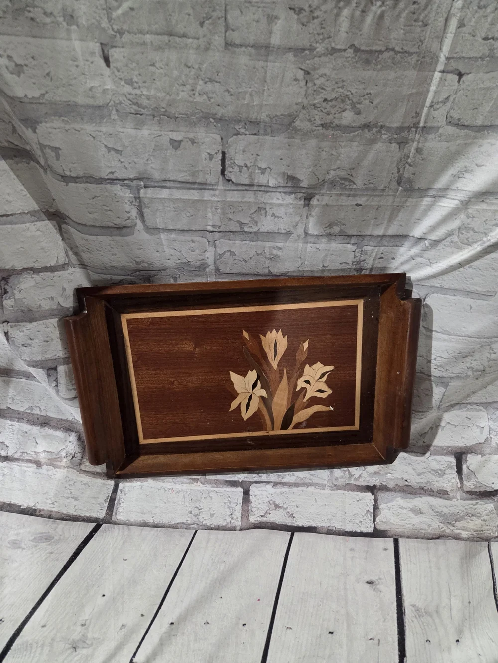 Wood Inlay Serving Tray with Floral Design - Brown